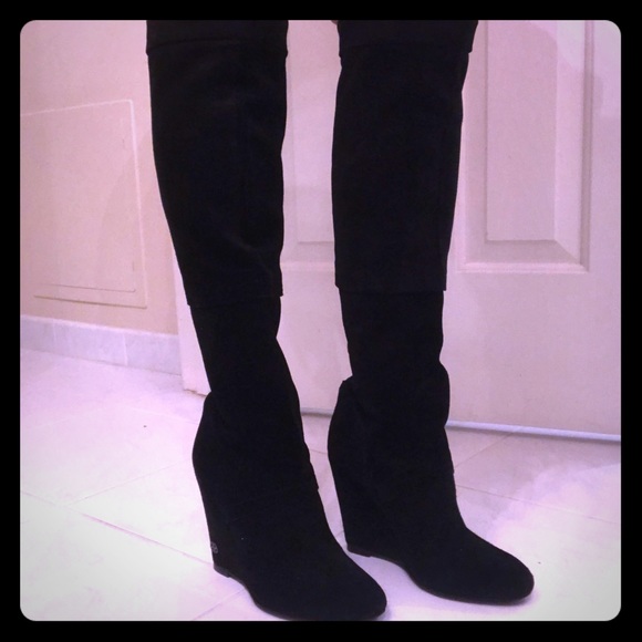 House of Harlow 1960 Shoes - Tall black suede 4” wedge boots House of Harlow wedge heel leather boots EUC